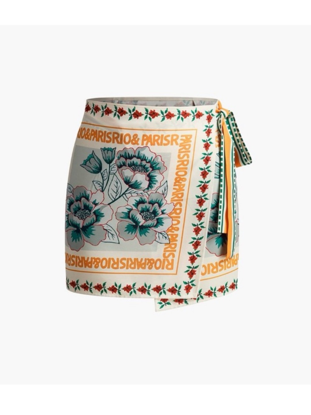 Commense Cream Mini Skirt with Teal Floral Print and Yellow Trim